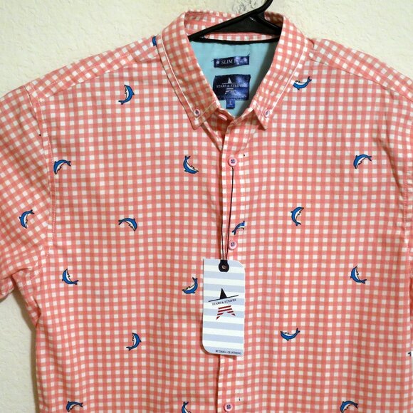 Stars & Stripes Shirt Mens Large New Short Sleeve Button Drill Clothing Pink - Picture 1 of 7